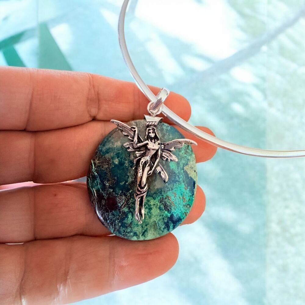 Fairy Chrysocolla Pendant Sterling Silver Overlay Collar Choker